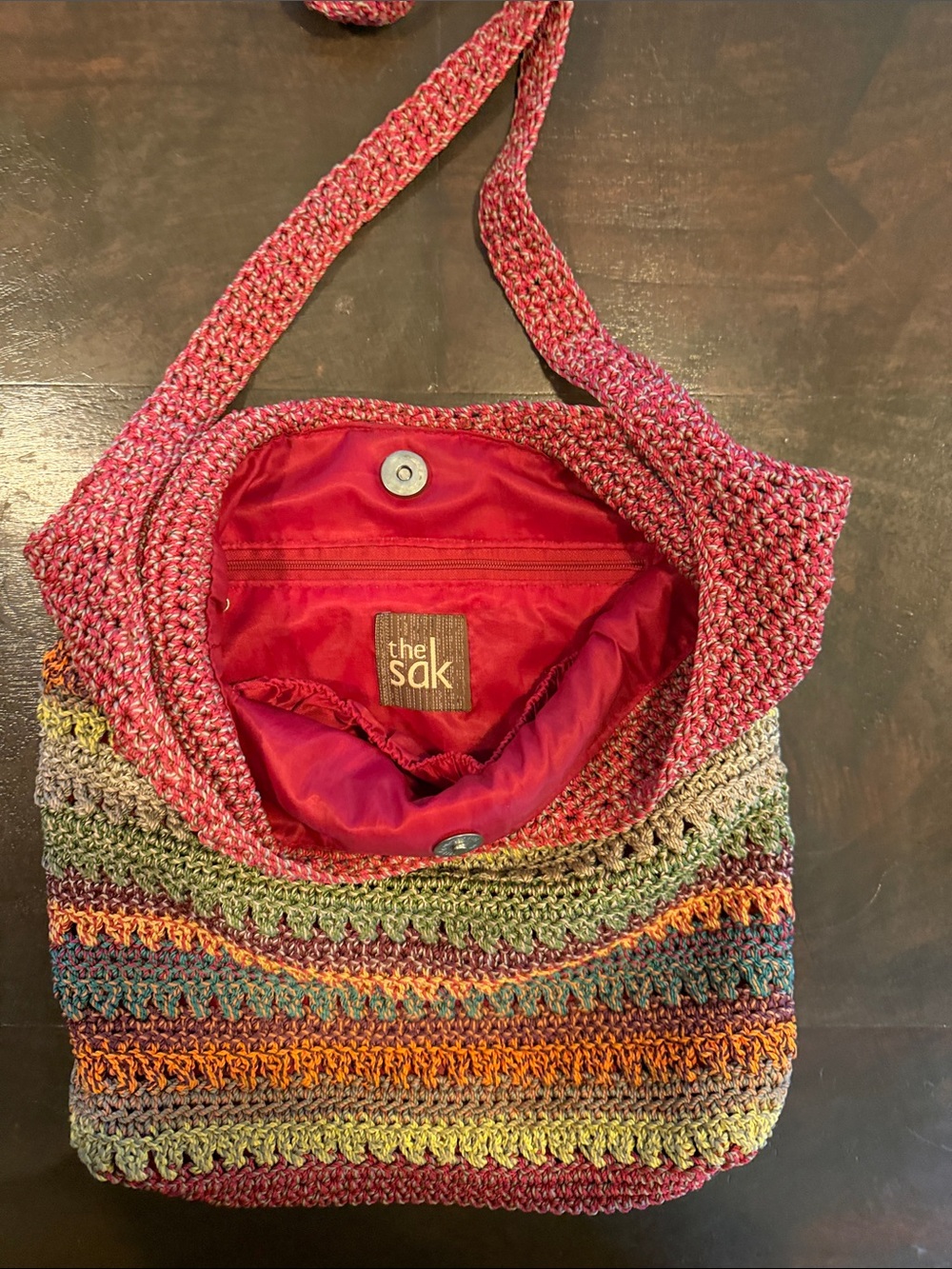 The Sak Multicolor Crochet Shoulder Bag with Pink Lining